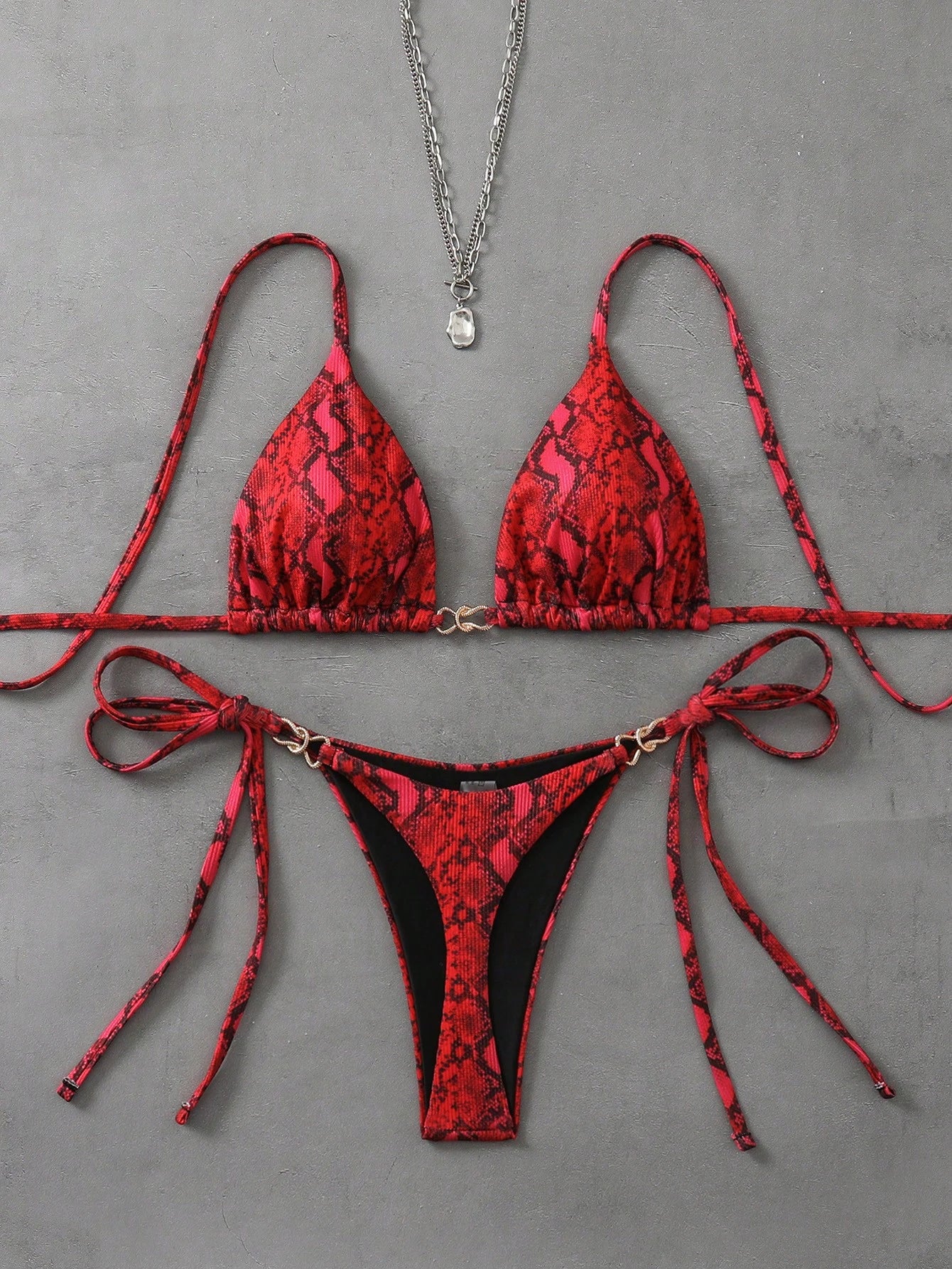 Red Snakeskin Print Triangle Top Thong Bikini