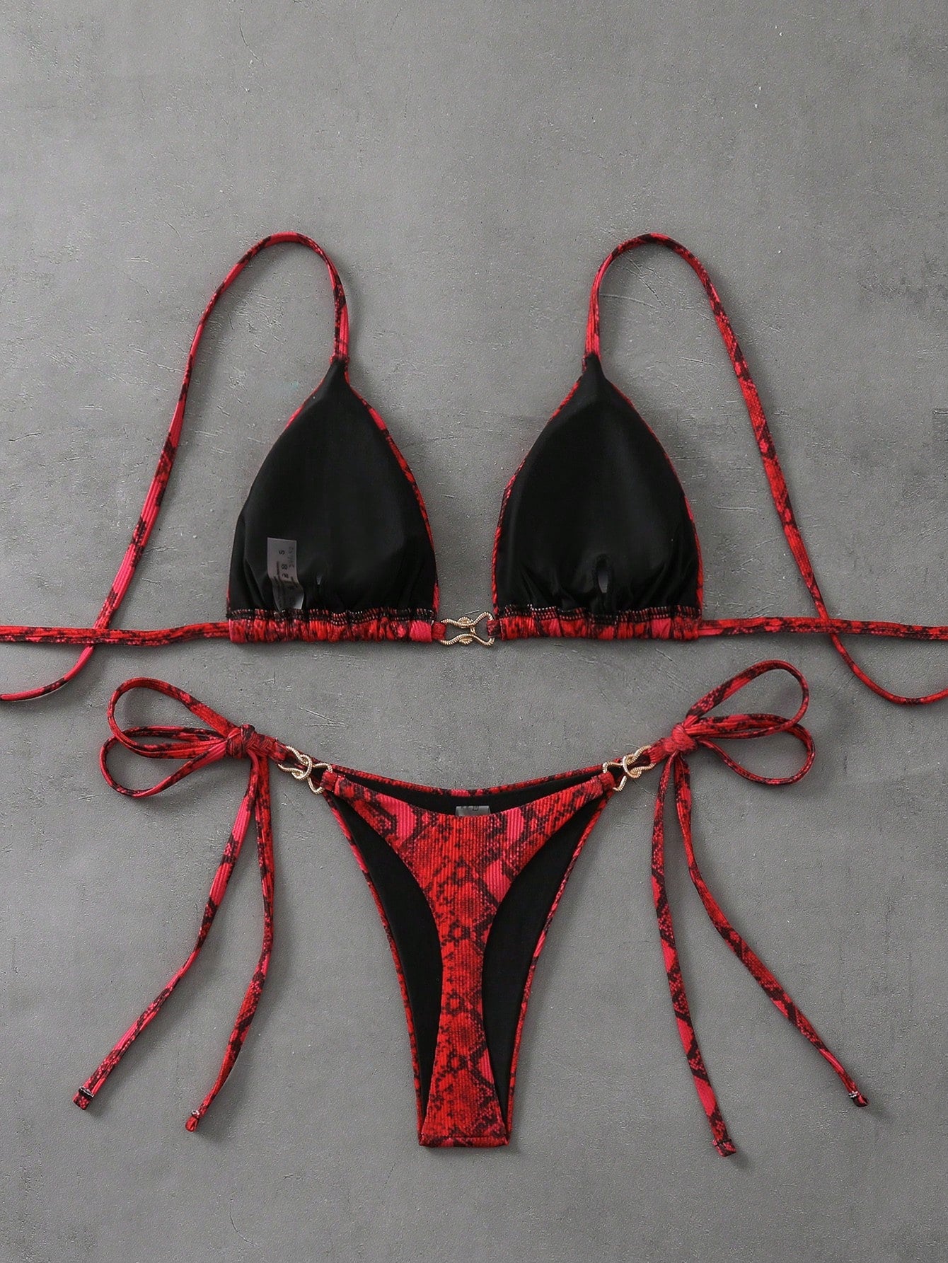 Red Snakeskin Print Triangle Top Thong Bikini
