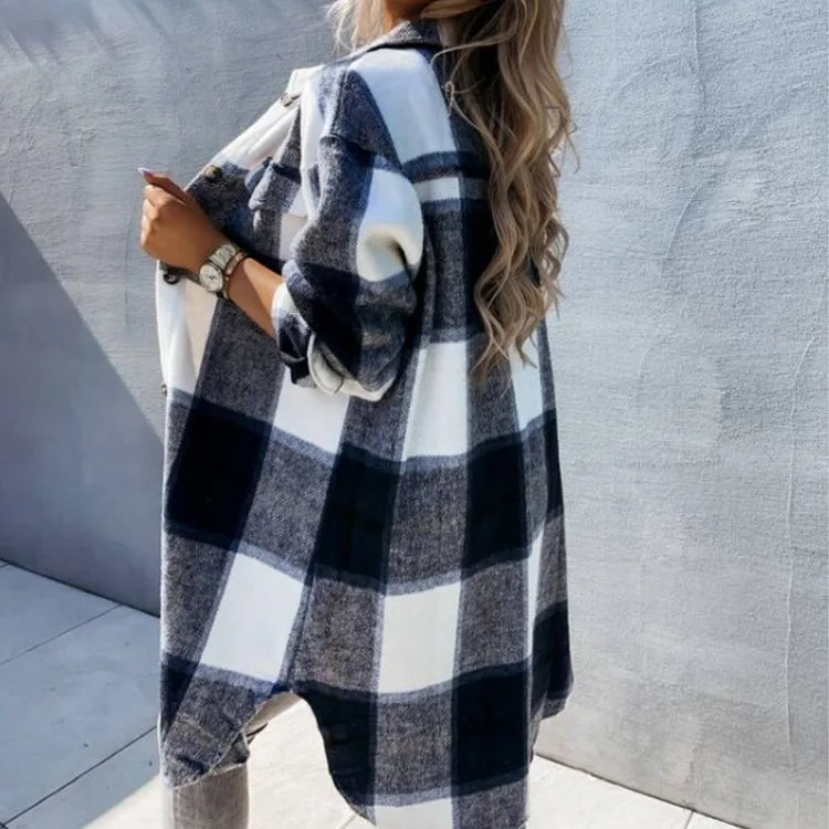 Versatile Mid-Length Plaid Long-Sleeved Jacket