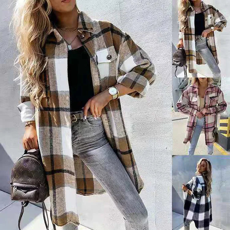 Versatile Mid-Length Plaid Long-Sleeved Jacket