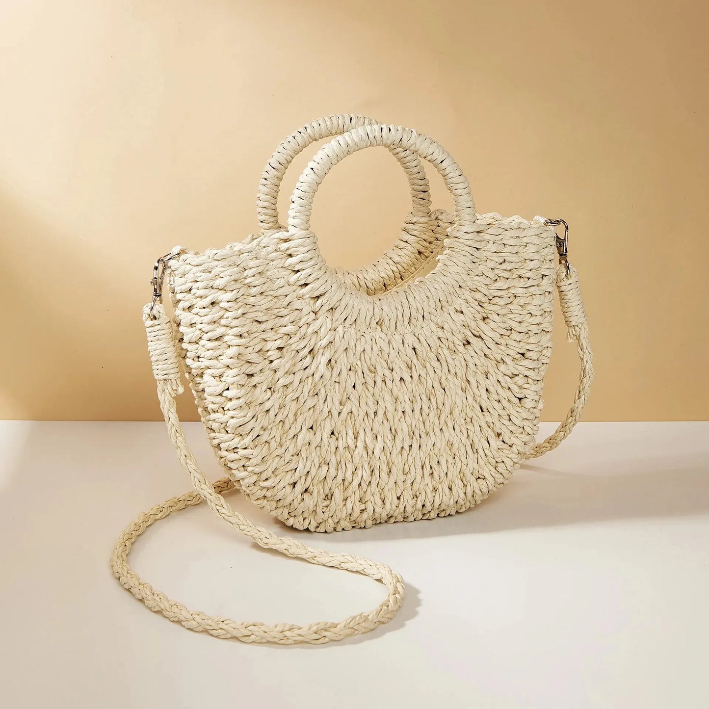 Handwoven Straw Half-Moon Beach Handbag Crossbody Shoulder Bag
