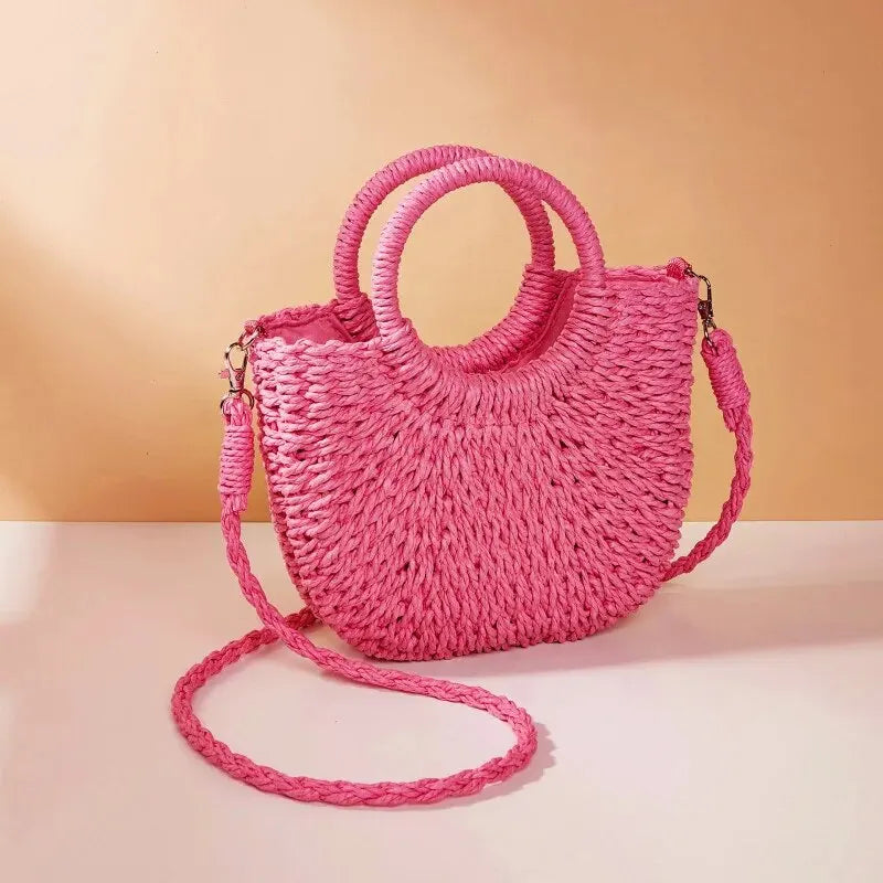 Handwoven Straw Half-Moon Beach Handbag Crossbody Shoulder Bag