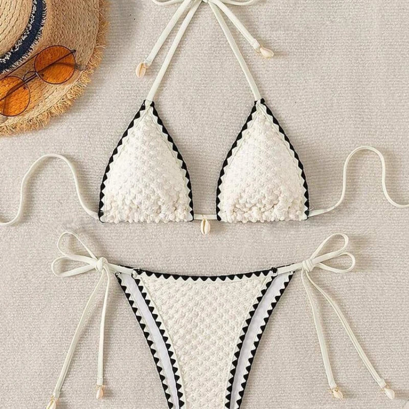 Halter Wrinkled Weave Side-Tie Bottom Bikini