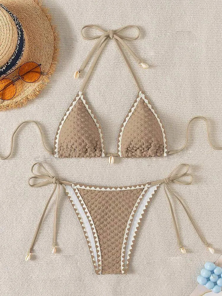 Halter Wrinkled Weave Side-Tie Bottom Bikini
