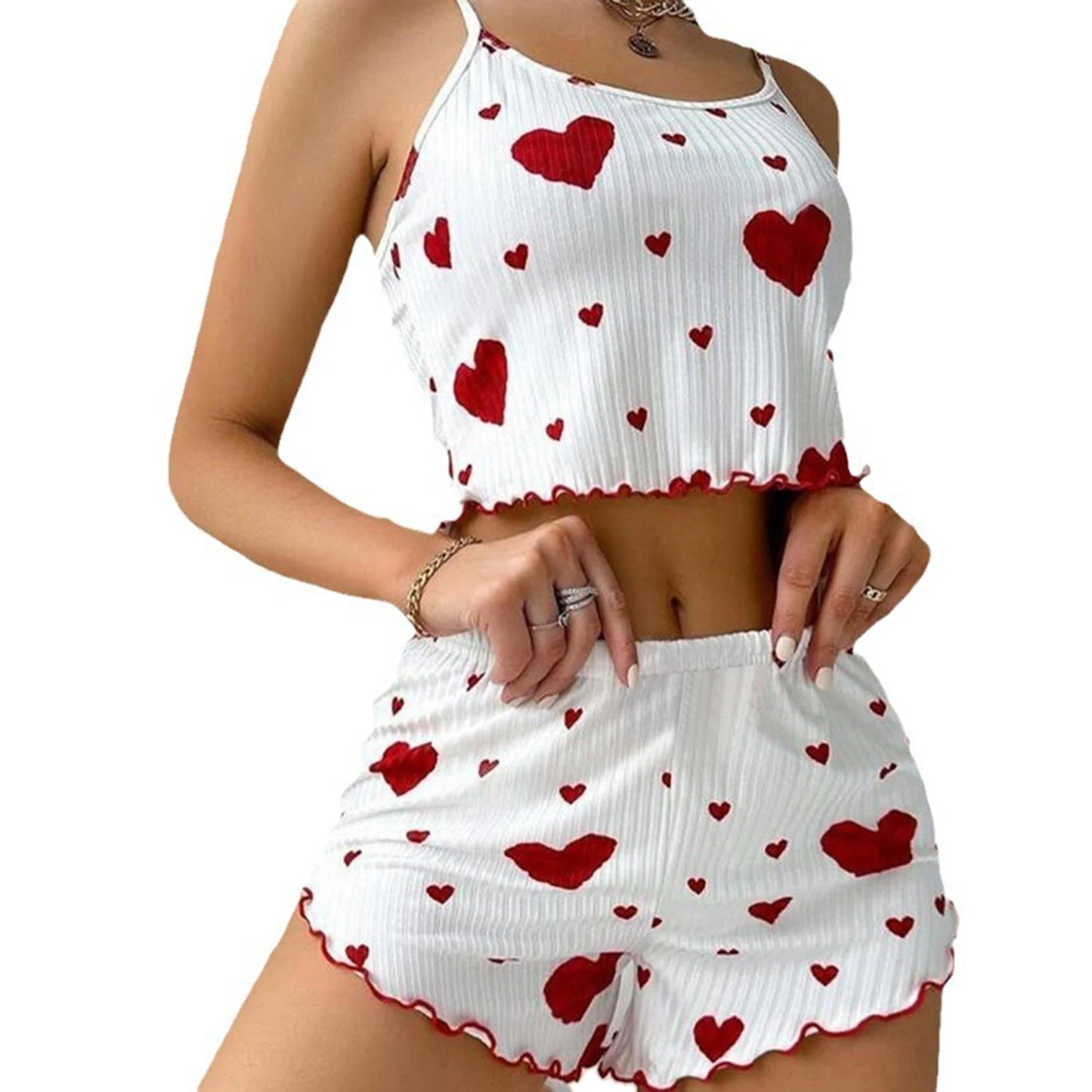 Heart-Shaped Print Round Neck Two-Piece Pajama Set