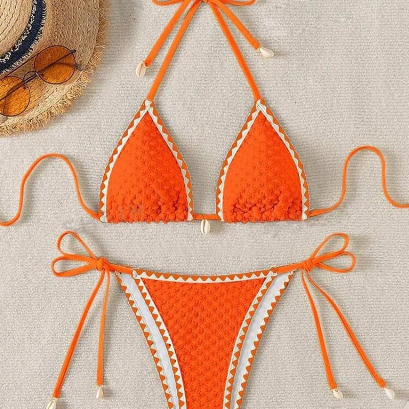Halter Wrinkled Weave Side-Tie Bottom Bikini