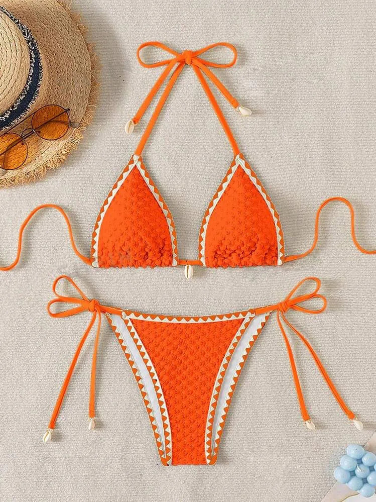 Halter Wrinkled Weave Side-Tie Bottom Bikini