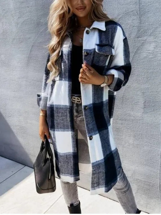 Versatile Mid-Length Plaid Long-Sleeved Jacket