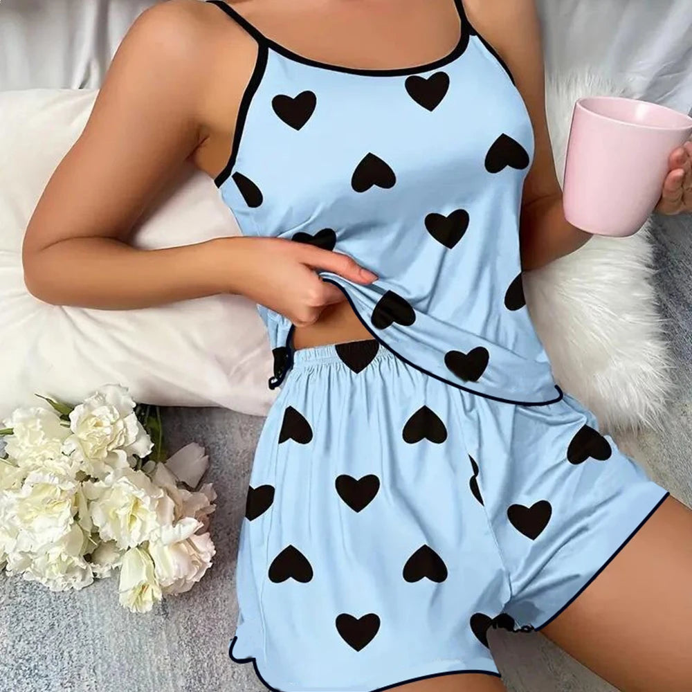 Heart-Shaped Print Round Neck Two-Piece Pajama Set