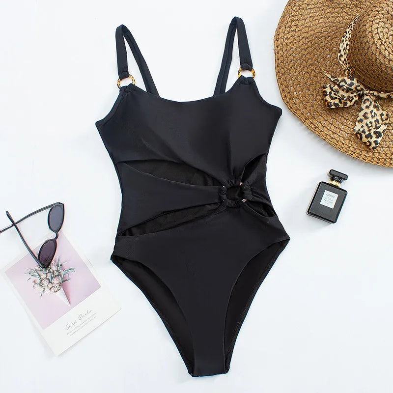 Solid Color Hollow Backless One-Piece Swimsuit