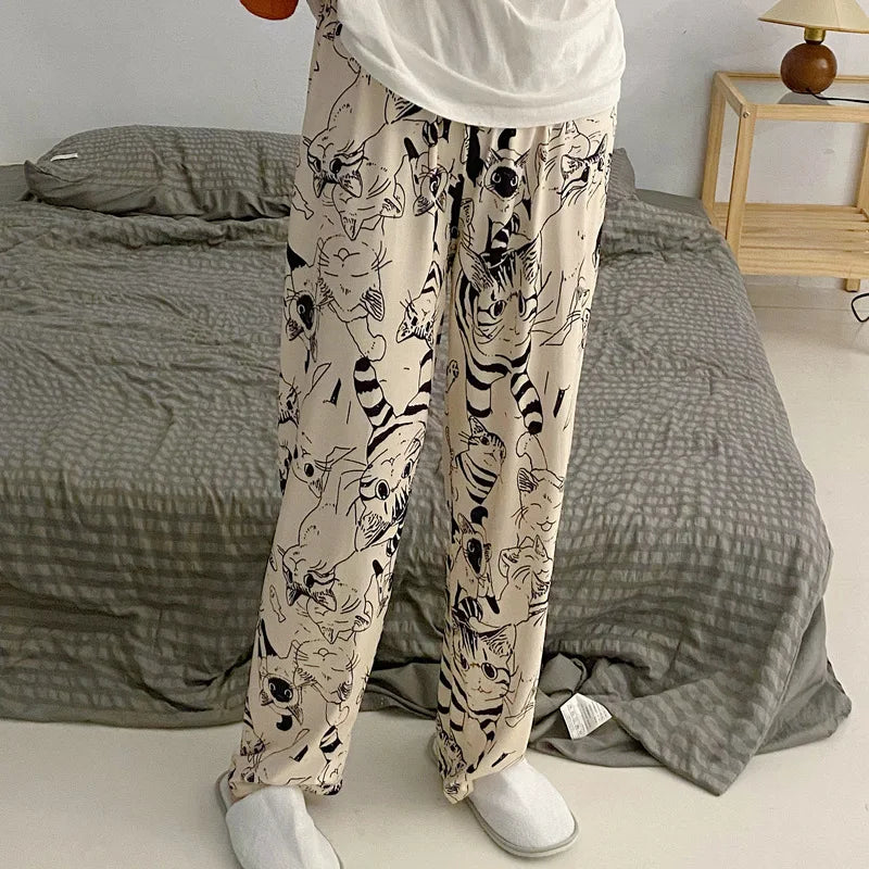 Cartoon Cat Print Pajama Pants