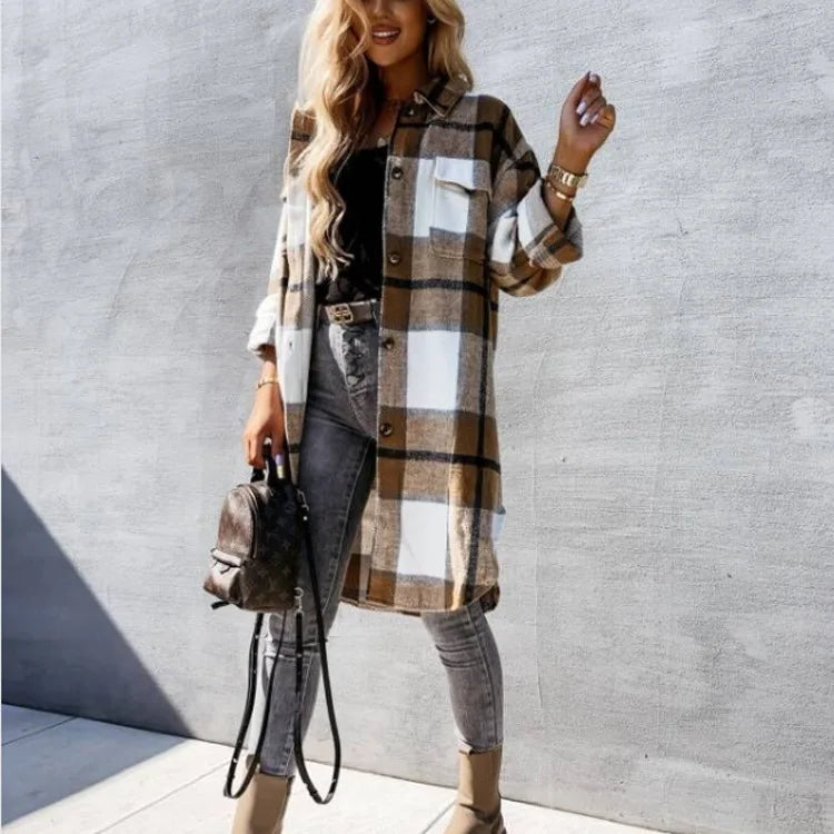 Versatile Mid-Length Plaid Long-Sleeved Jacket