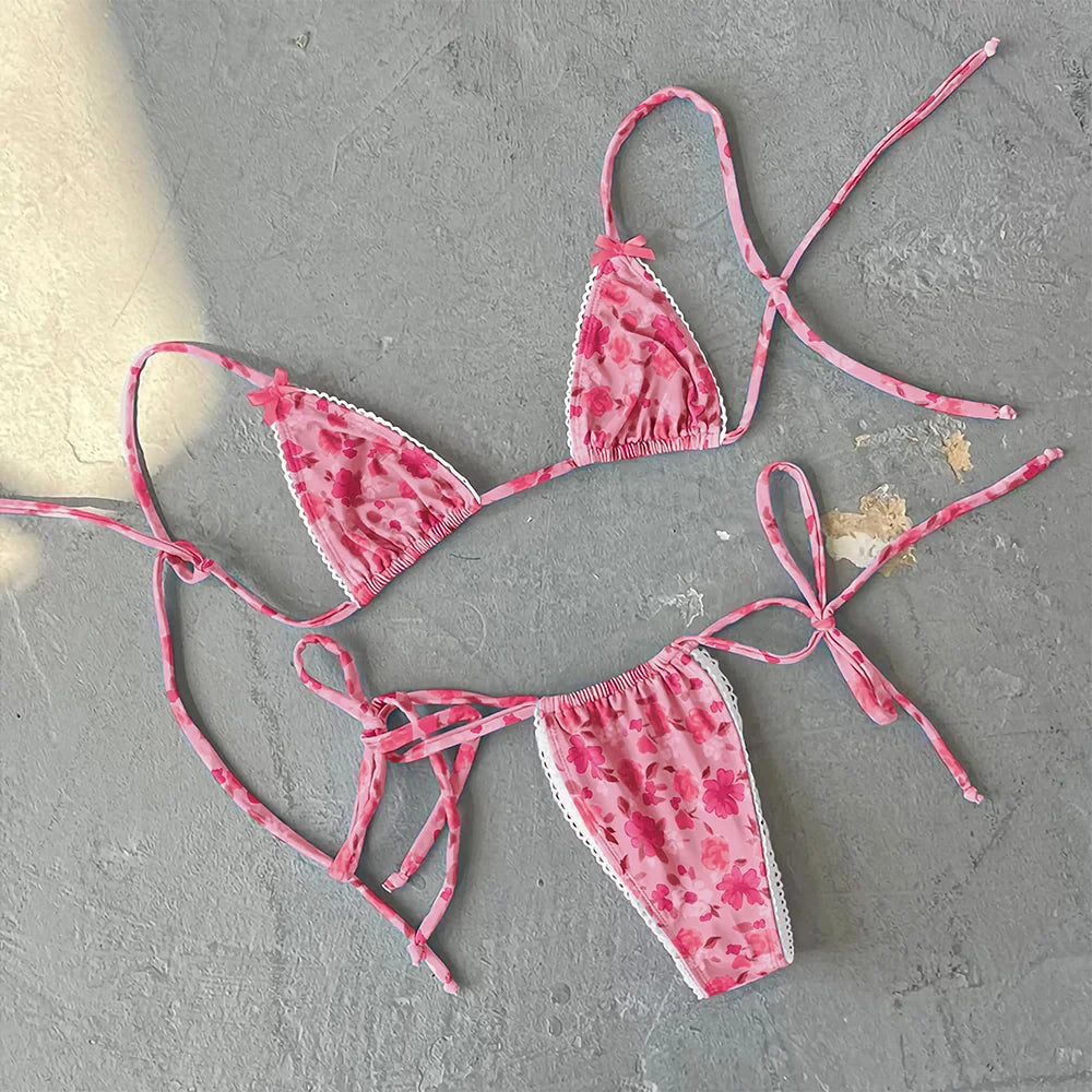Floral Print Triangle Top Thong Bottom