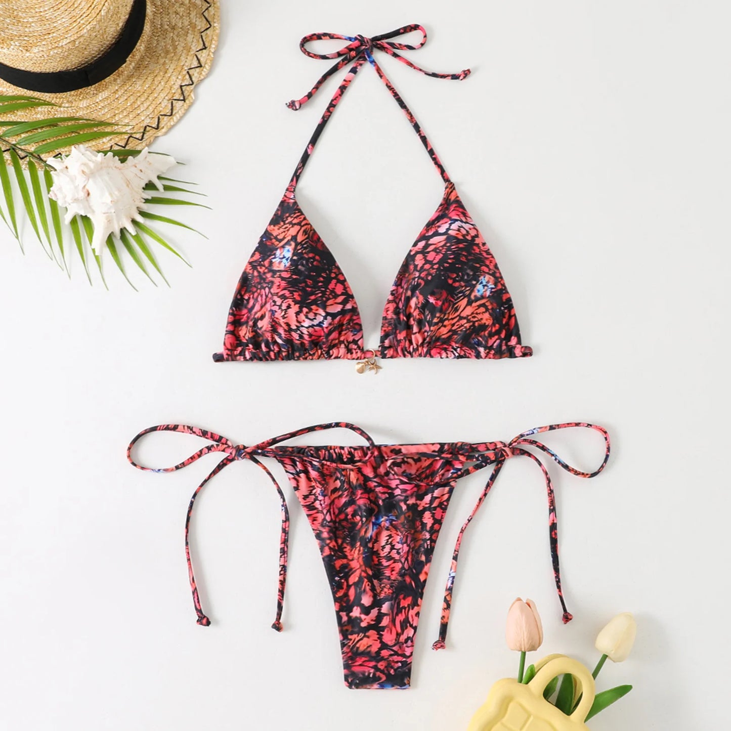 Tropical Triangle Top Side-Tye Thong Bottom Bikini