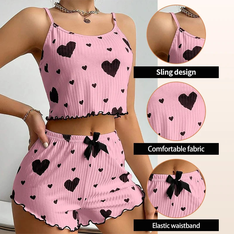 Heart-Shaped Print Round Neck Two-Piece Pajama Set