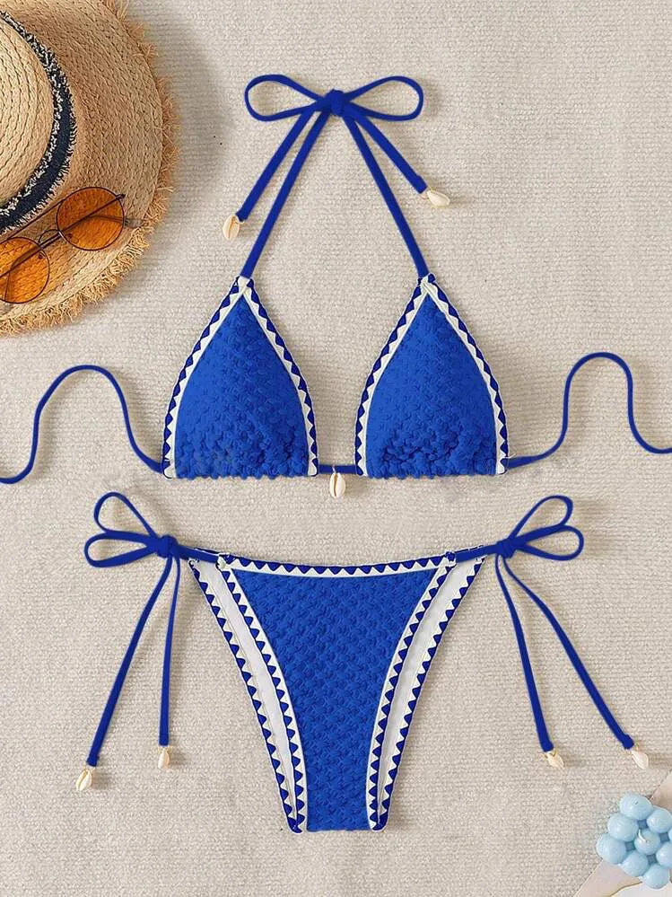Halter Wrinkled Weave Side-Tie Bottom Bikini