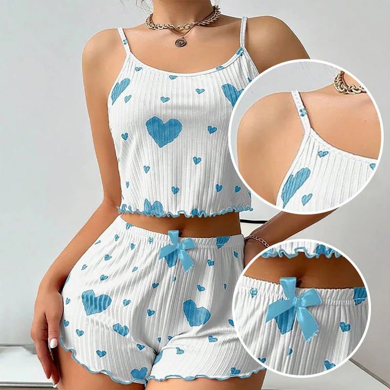 Heart-Shaped Print Round Neck Two-Piece Pajama Set