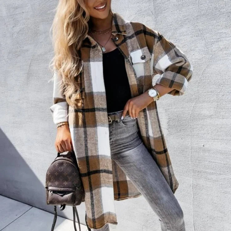 Versatile Mid-Length Plaid Long-Sleeved Jacket