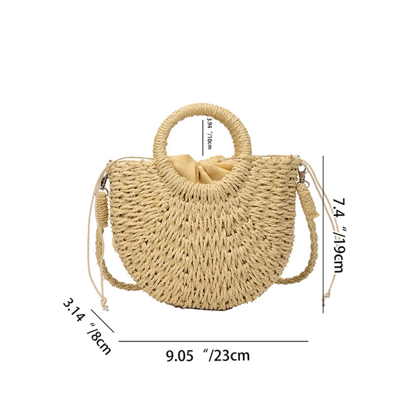 Handwoven Straw Half-Moon Beach Handbag Crossbody Shoulder Bag