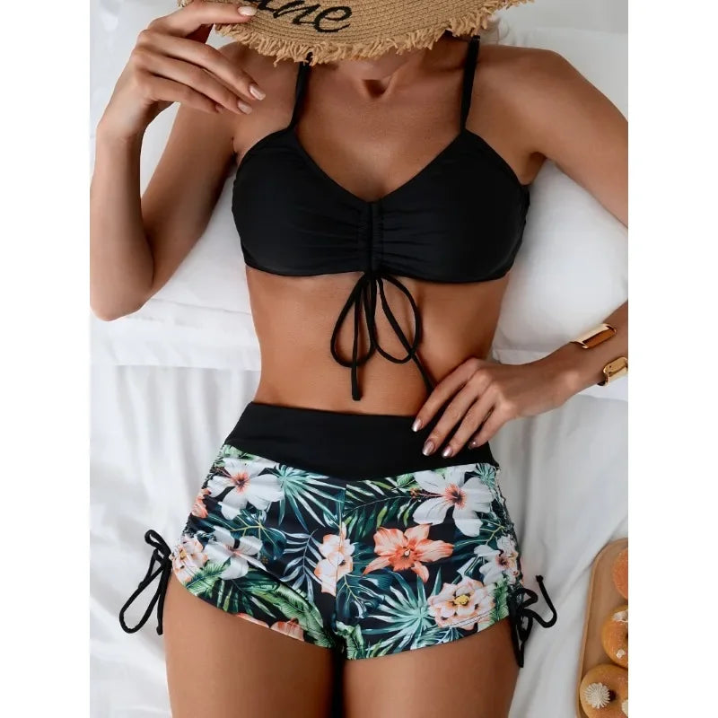 Halter Top Tropical Shorts Two-Piece Set