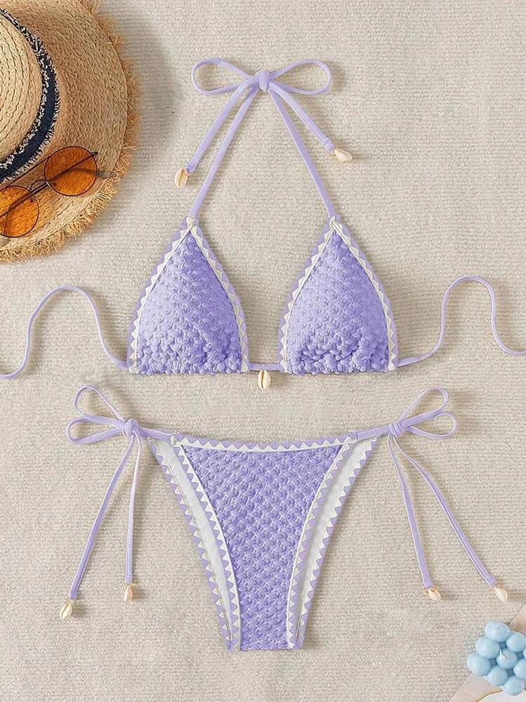 Halter Wrinkled Weave Side-Tie Bottom Bikini