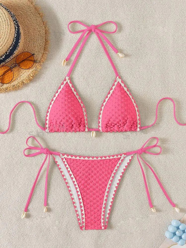 Halter Wrinkled Weave Side-Tie Bottom Bikini