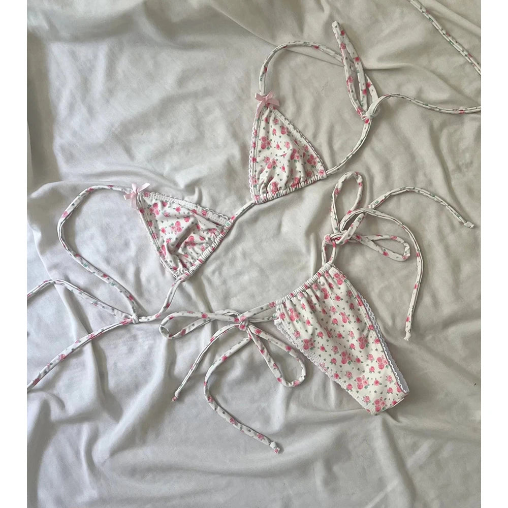 Floral Print Triangle Top Thong Bottom