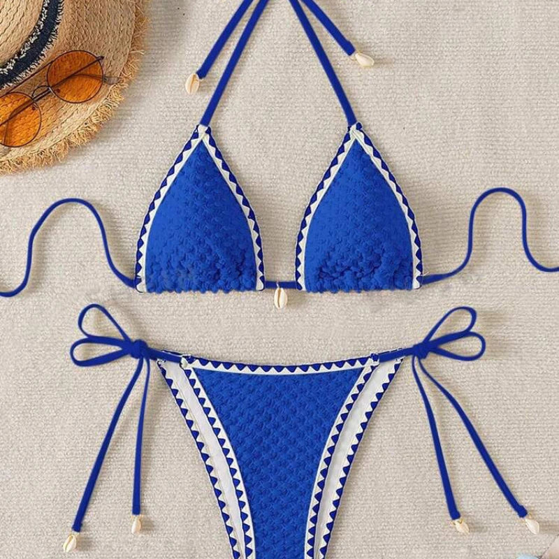 Halter Wrinkled Weave Side-Tie Bottom Bikini