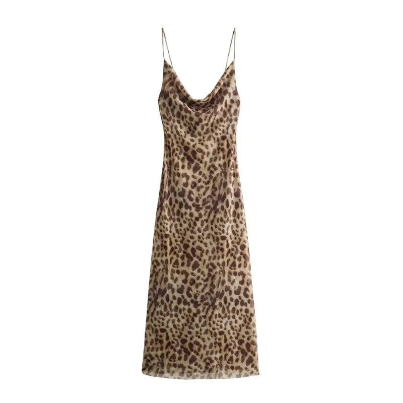 Vintage Leopard Print Backless Midi Dress
