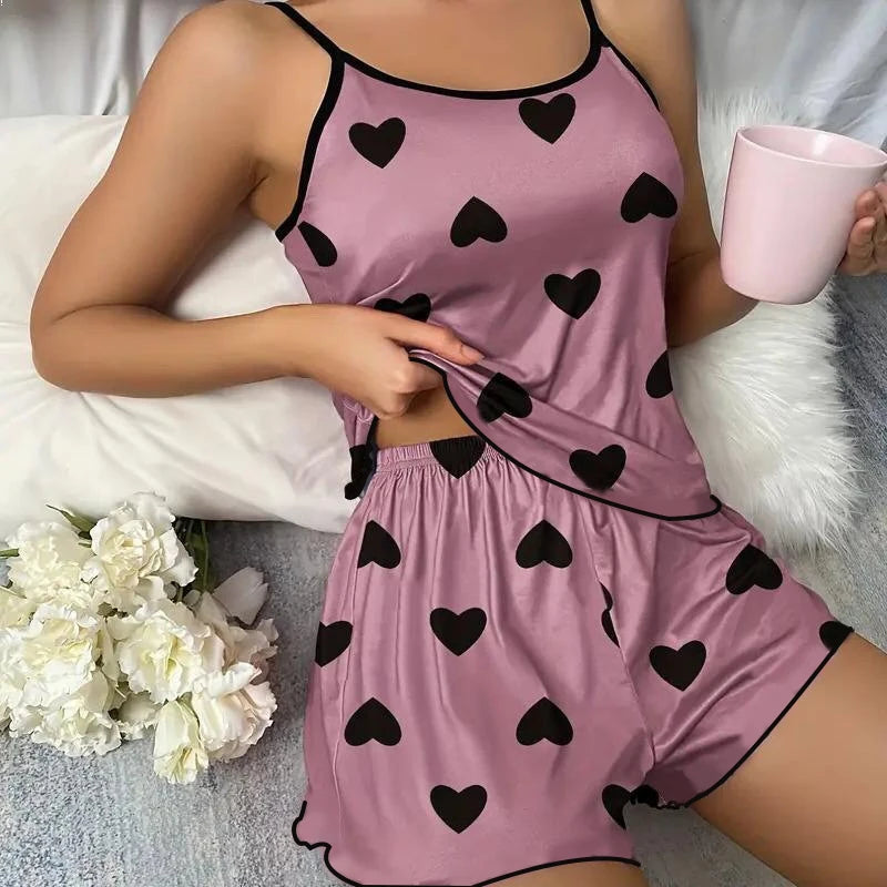 Heart-Shaped Print Round Neck Two-Piece Pajama Set