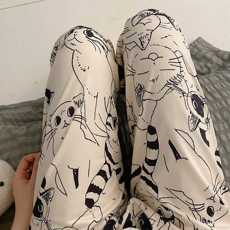 Cartoon Cat Print Pajama Pants