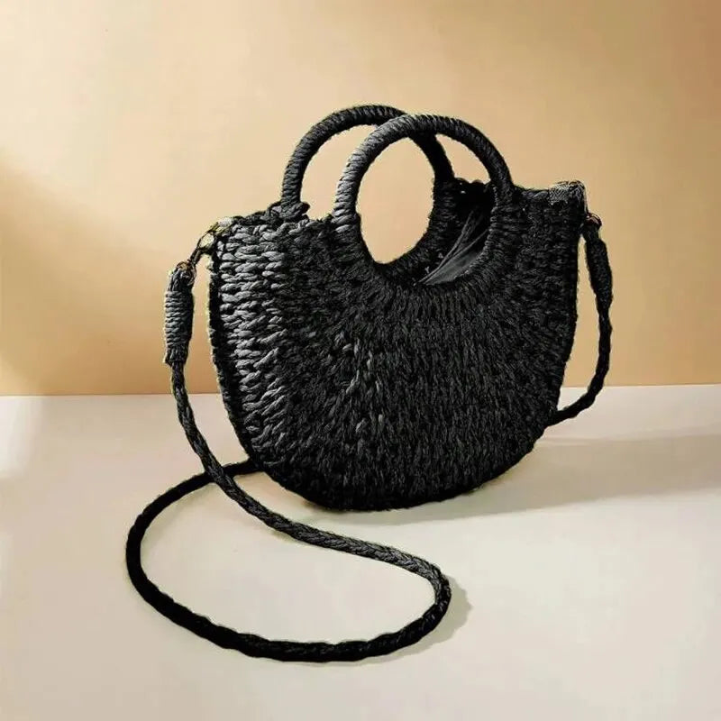 Handwoven Straw Half-Moon Beach Handbag Crossbody Shoulder Bag