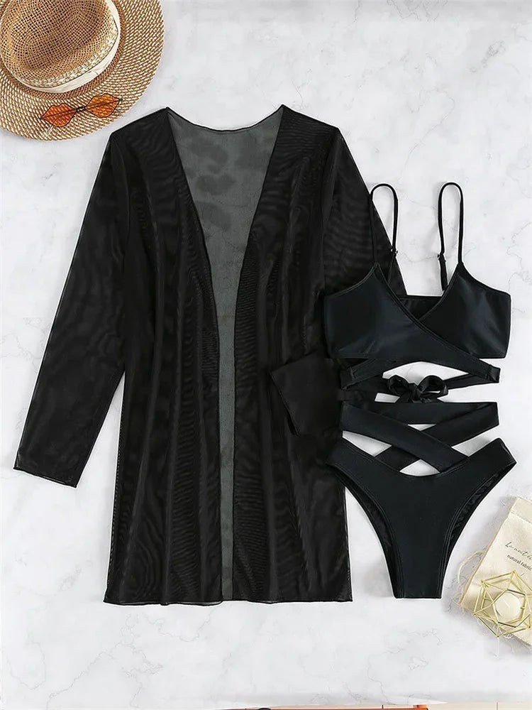 Black Bandage Cross Push-Up Padded Hollow-Out 3-Piece Swimsuit