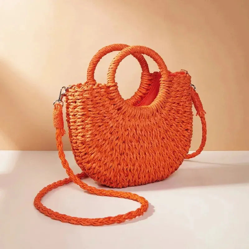 Handwoven Straw Half-Moon Beach Handbag Crossbody Shoulder Bag
