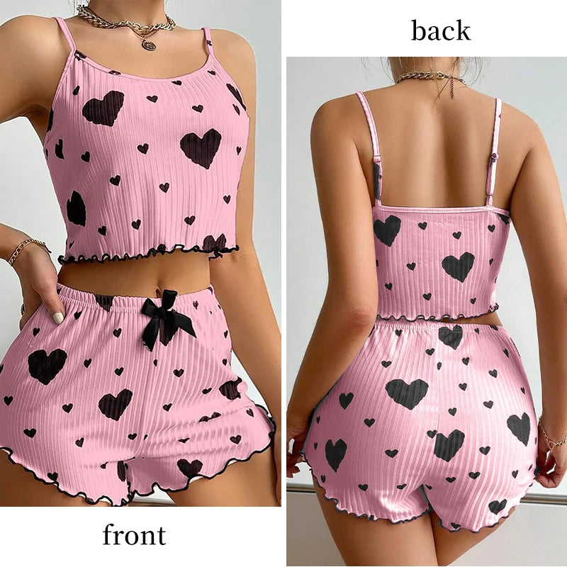 Heart-Shaped Print Round Neck Two-Piece Pajama Set