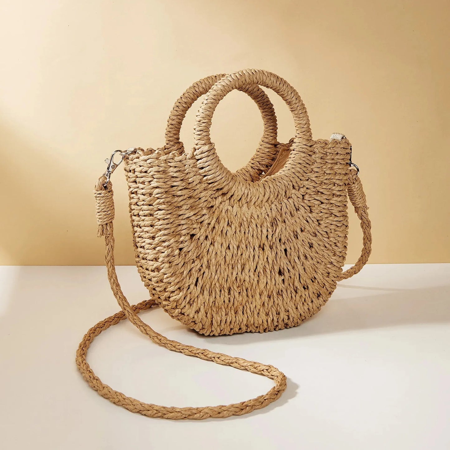 Handwoven Straw Half-Moon Beach Handbag Crossbody Shoulder Bag