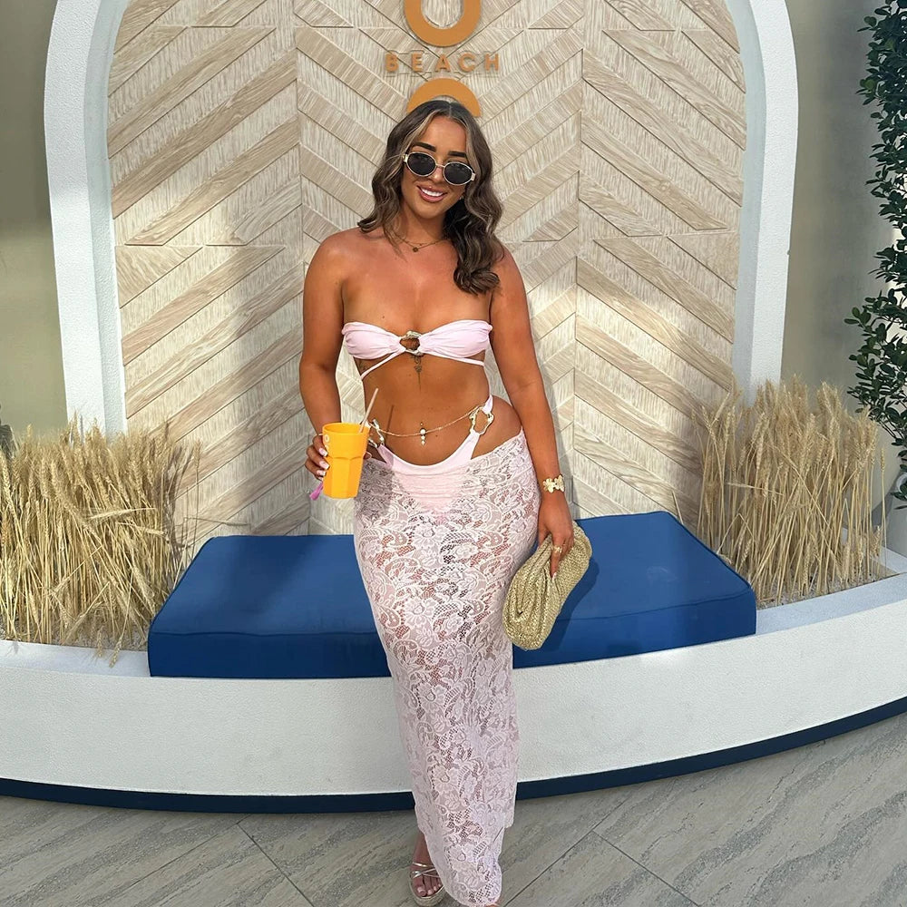 Pink Bandeau 3-Piece Bikini