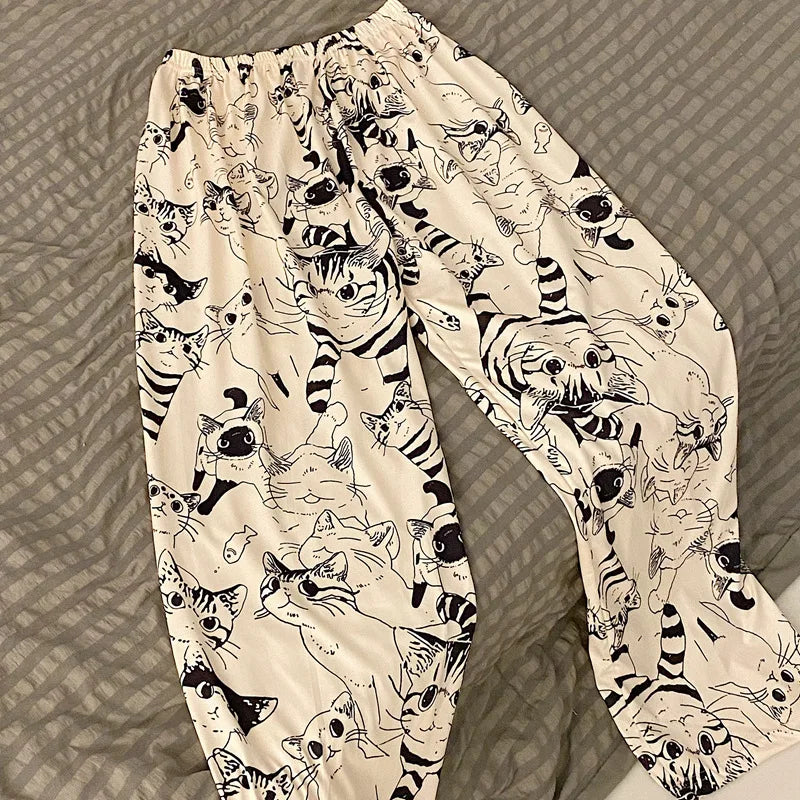 Cartoon Cat Print Pajama Pants