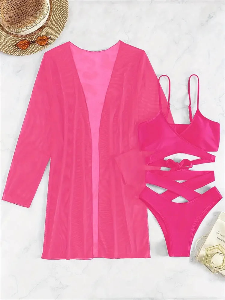Black Bandage Cross Push-Up Padded Hollow-Out 3-Piece Swimsuit