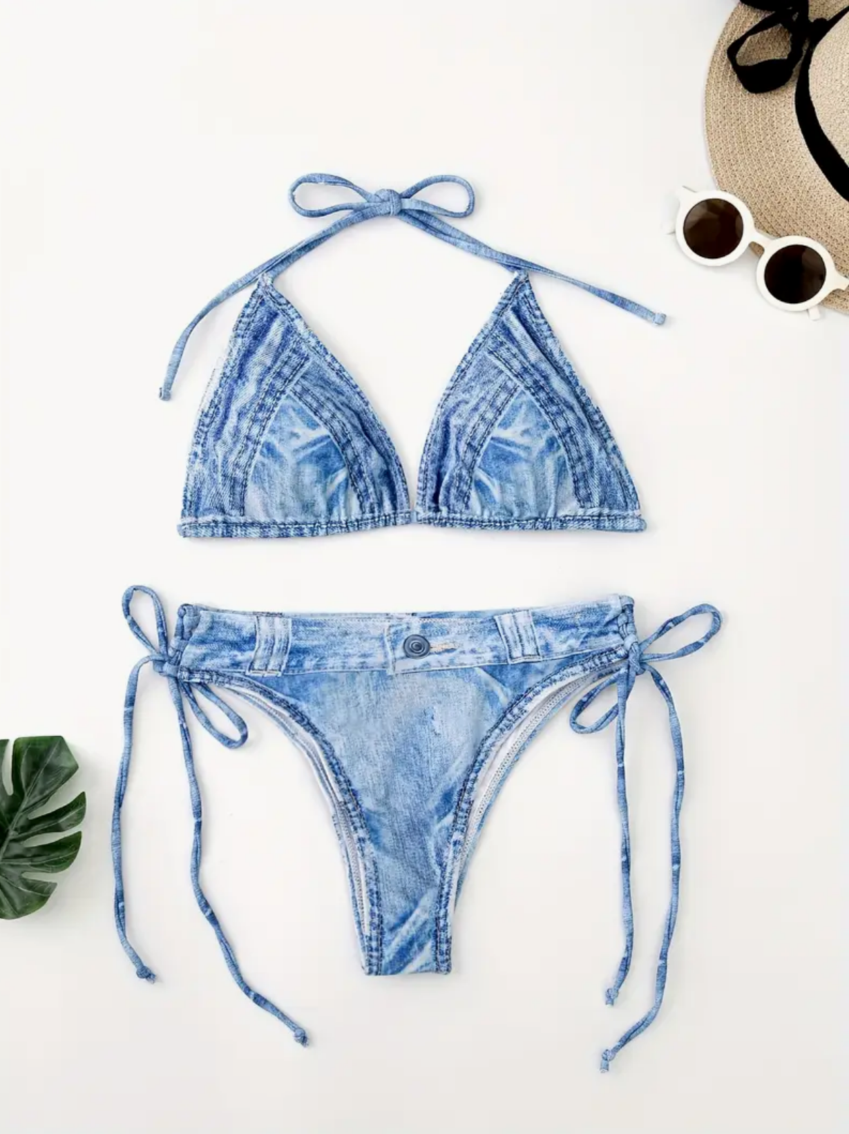 Denim Print Triangle Top Side-Tie Bikini