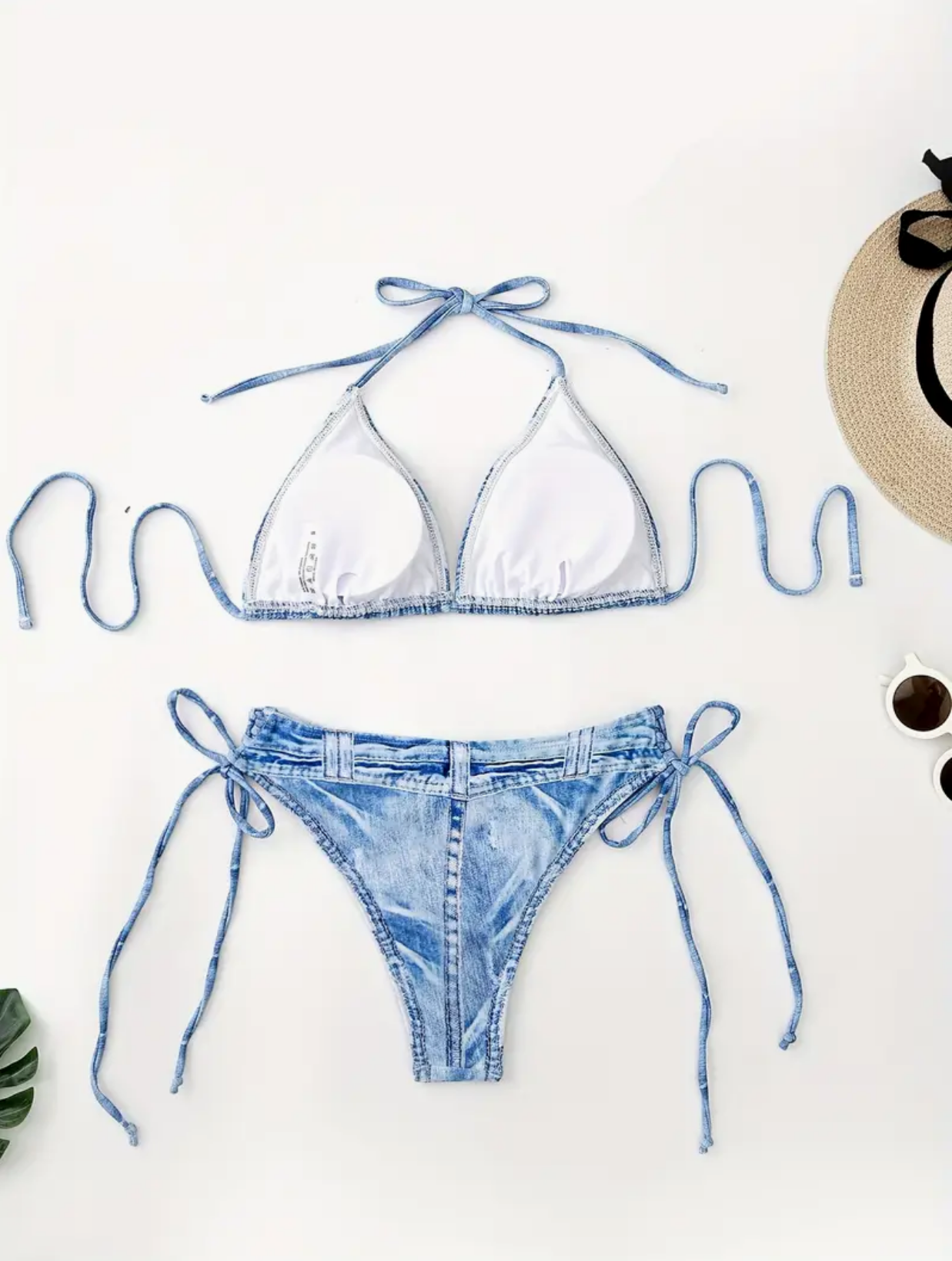 Denim Print Triangle Top Side-Tie Bikini