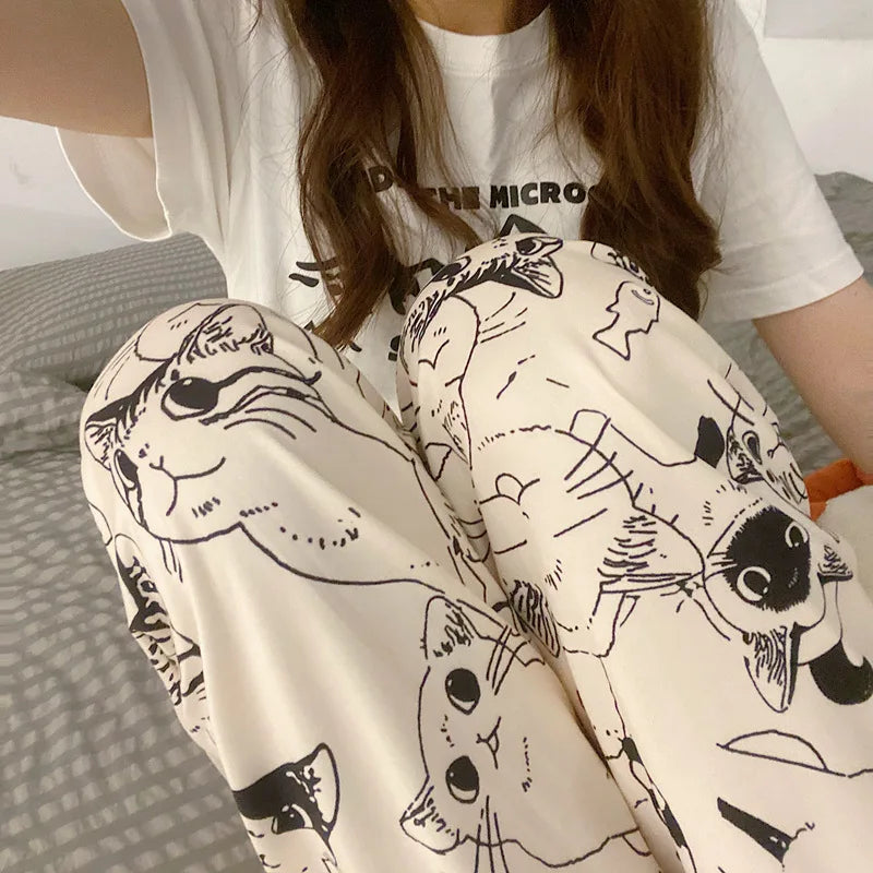 Cartoon Cat Print Pajama Pants