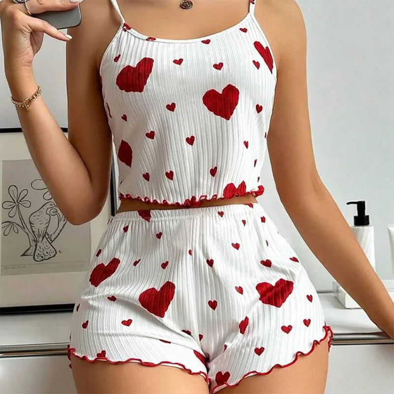 Heart-Shaped Print Round Neck Two-Piece Pajama Set