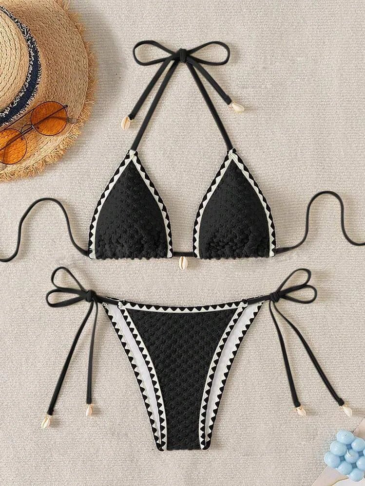 Halter Wrinkled Weave Side-Tie Bottom Bikini