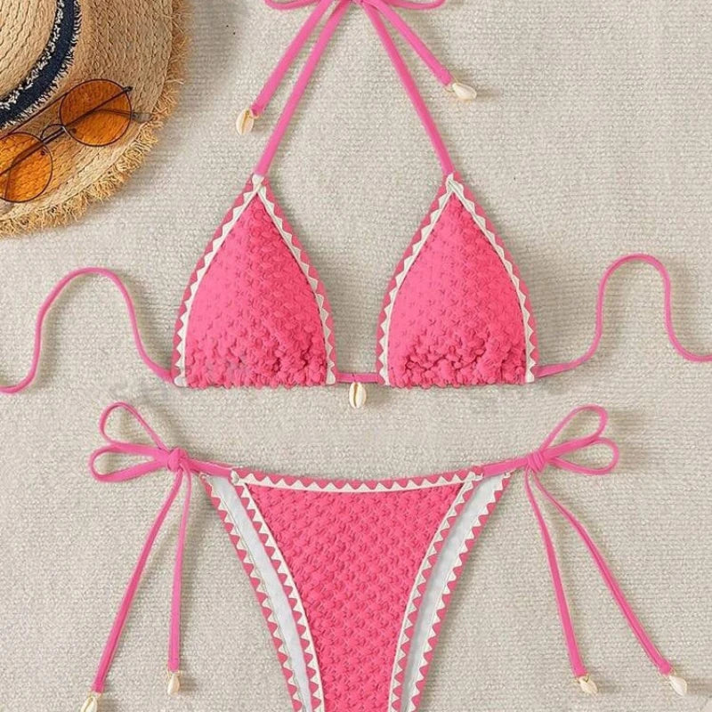 Halter Wrinkled Weave Side-Tie Bottom Bikini