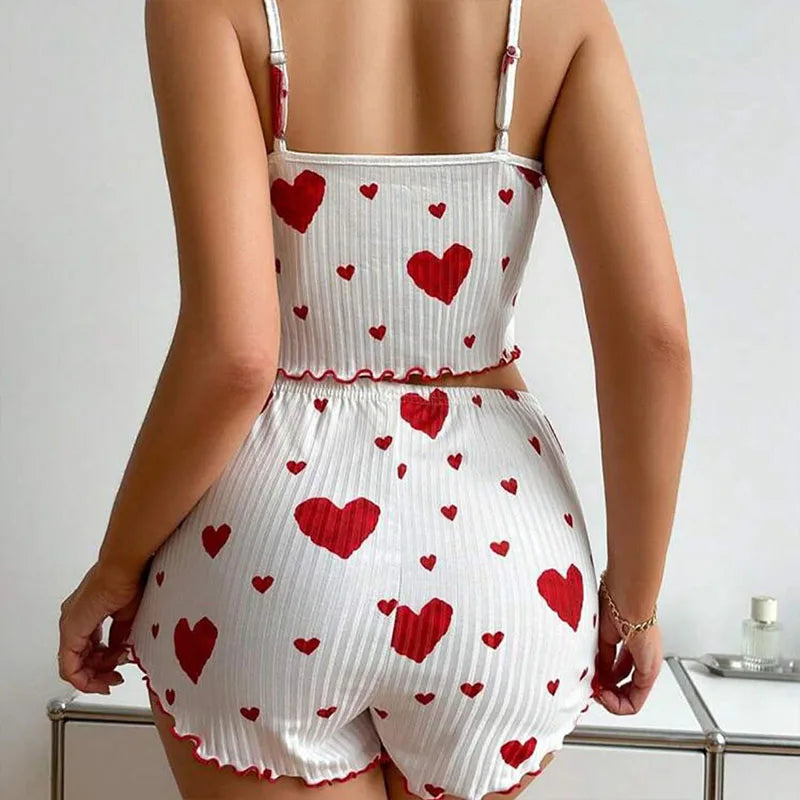 Heart-Shaped Print Round Neck Two-Piece Pajama Set