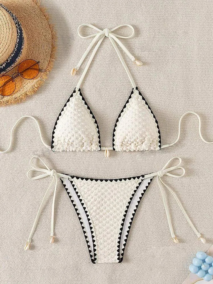 Halter Wrinkled Weave Side-Tie Bottom Bikini