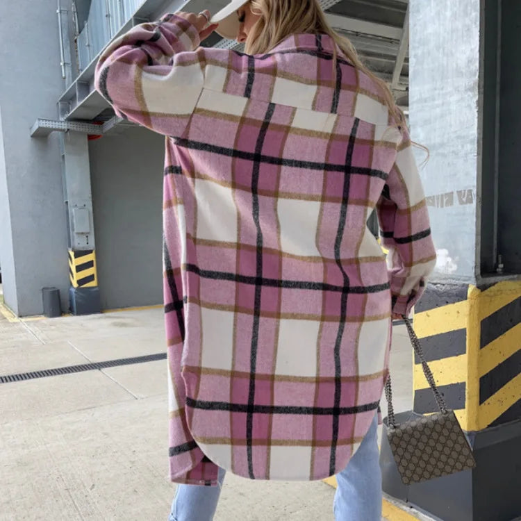 Versatile Mid-Length Plaid Long-Sleeved Jacket