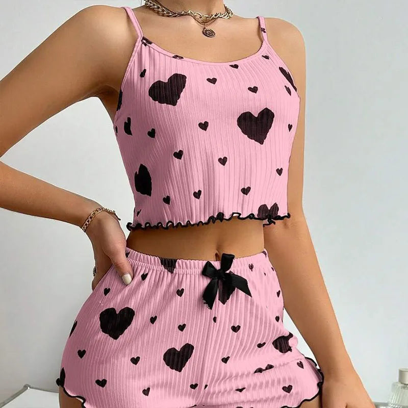 Heart-Shaped Print Round Neck Two-Piece Pajama Set