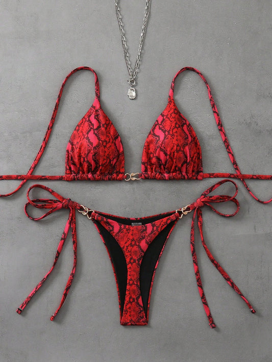 Red Snakeskin Print Triangle Top Thong Bikini